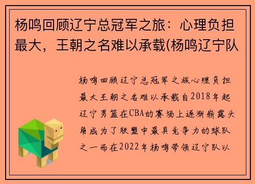 杨鸣回顾辽宁总冠军之旅：心理负担最大，王朝之名难以承载(杨鸣辽宁队比赛结果)