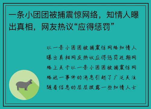 一条小团团被捕震惊网络，知情人曝出真相，网友热议“应得惩罚”
