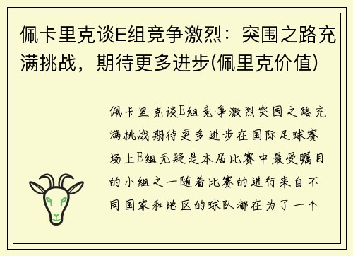 佩卡里克谈E组竞争激烈：突围之路充满挑战，期待更多进步(佩里克价值)